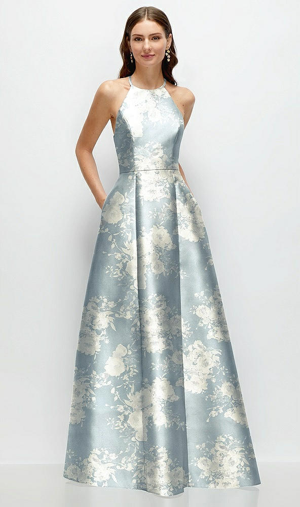 Front View - Porcelain Blue Seraphina Floral Jewel Neck Halter Full A-Line Satin Floral Maxi Dress