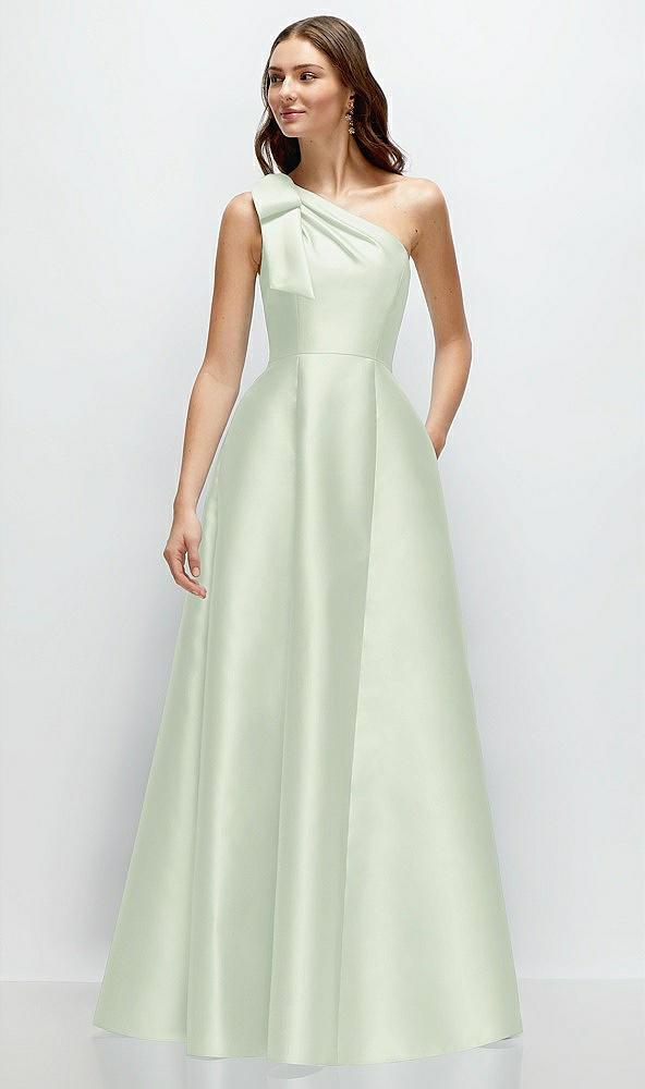 Front View - Mint Green Bow One-Shoulder Full A-Line Satin Maxi Dress