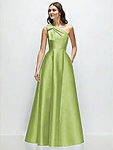 Front View Thumbnail - Mojito Bow One-Shoulder Full A-Line Satin Maxi Dress