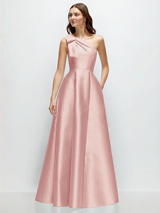 Bow One-Shoulder Full A-Line Satin Maxi Dress
