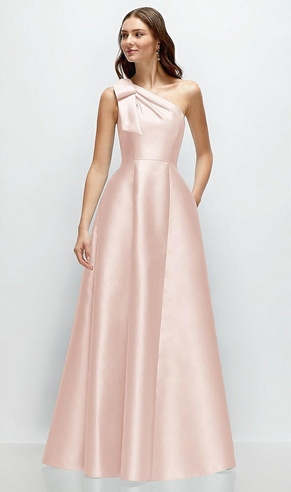 Front View - Blush Bow One-Shoulder Full A-Line Satin Maxi Dress