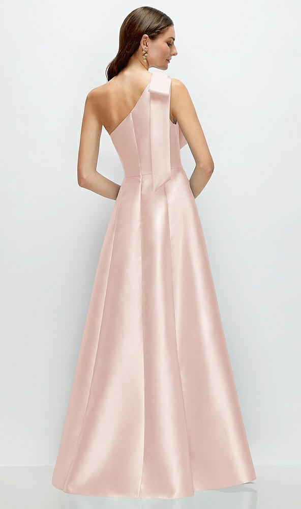 Back View - Blush Bow One-Shoulder Full A-Line Satin Maxi Dress