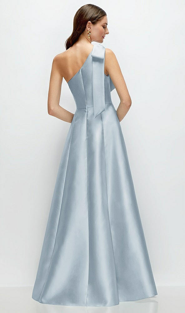 Back View - Mist Bow One-Shoulder Full A-Line Satin Maxi Dress