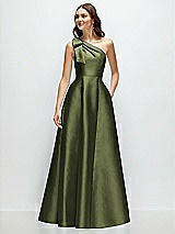 Front View Thumbnail - Olive Green Bow One-Shoulder Full A-Line Satin Maxi Dress