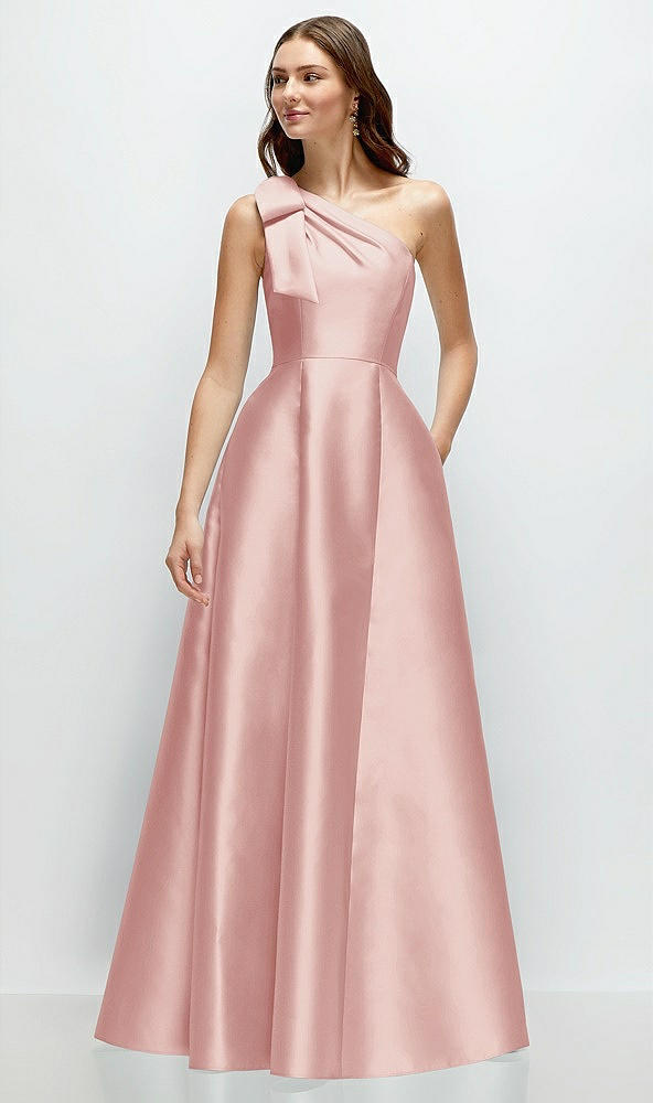 Front View - Rose Bow One-Shoulder Full A-Line Satin Maxi Dress