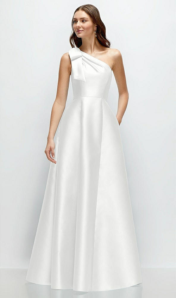 Front View - White Bow One-Shoulder Full A-Line Satin Maxi Dress
