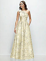 Front View Thumbnail - Butter Yellow Floral Bow One-Shoulder Full A-Line Floral Satin Maxi Dress