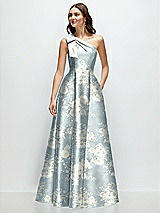 Front View Thumbnail - Porcelain Blue Seraphina Floral Bow One-Shoulder Full A-Line Floral Satin Maxi Dress