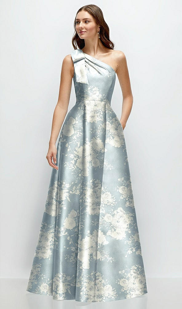 Front View - Porcelain Blue Seraphina Floral Bow One-Shoulder Full A-Line Floral Satin Maxi Dress