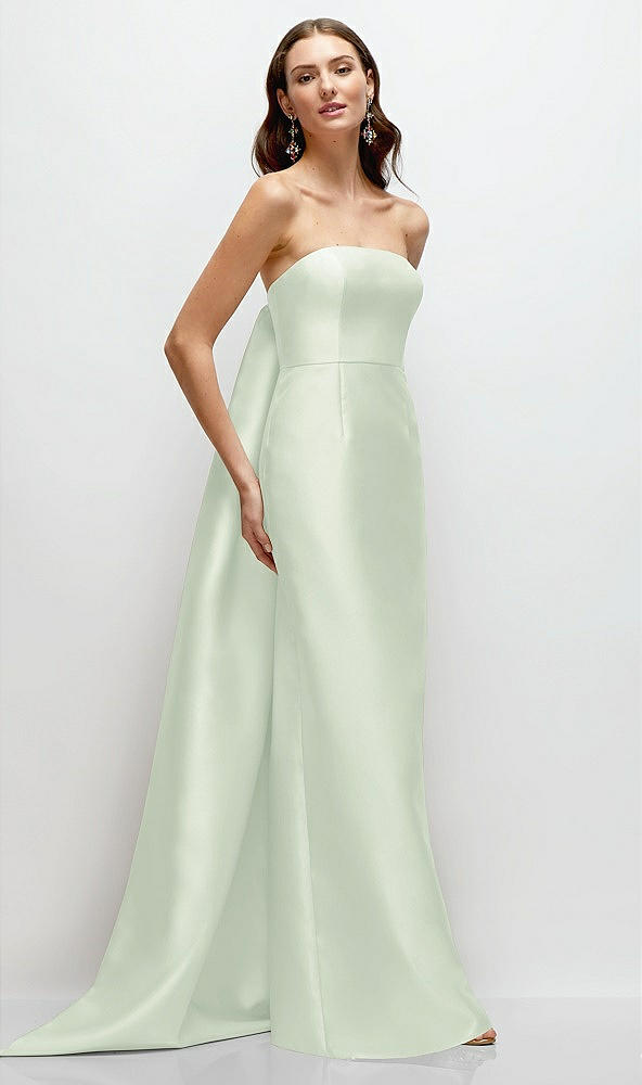 Front View - Mint Green Strapless Satin Column Dress with Removeable Watteau Train