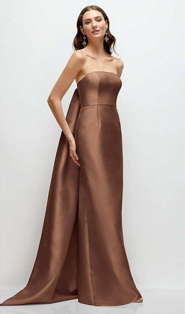 Front View - Cognac Strapless Satin Column Dress with Removeable Watteau Train