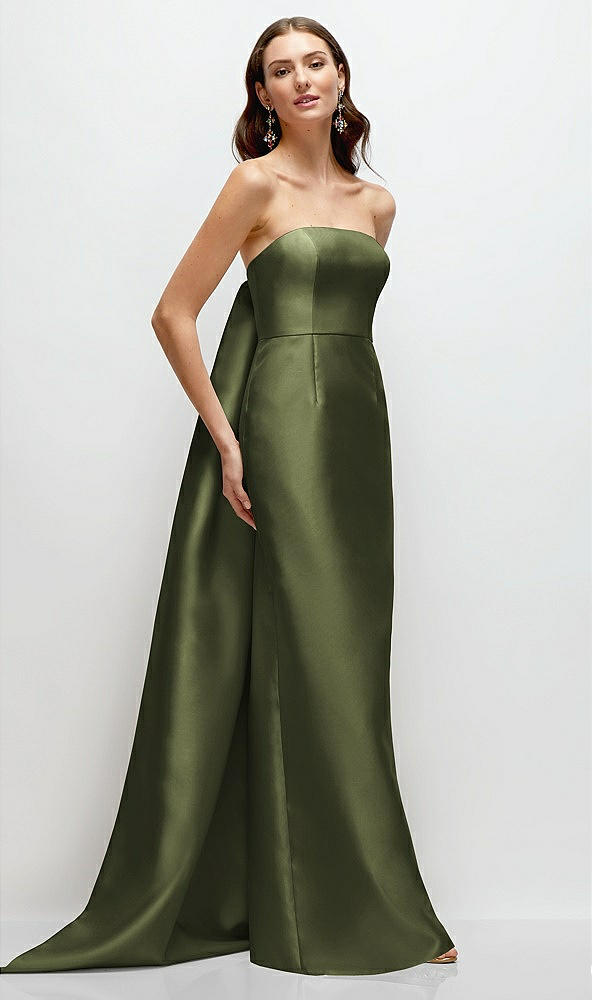 Front View - Olive Green Strapless Satin Column Dress with Removeable Watteau Train