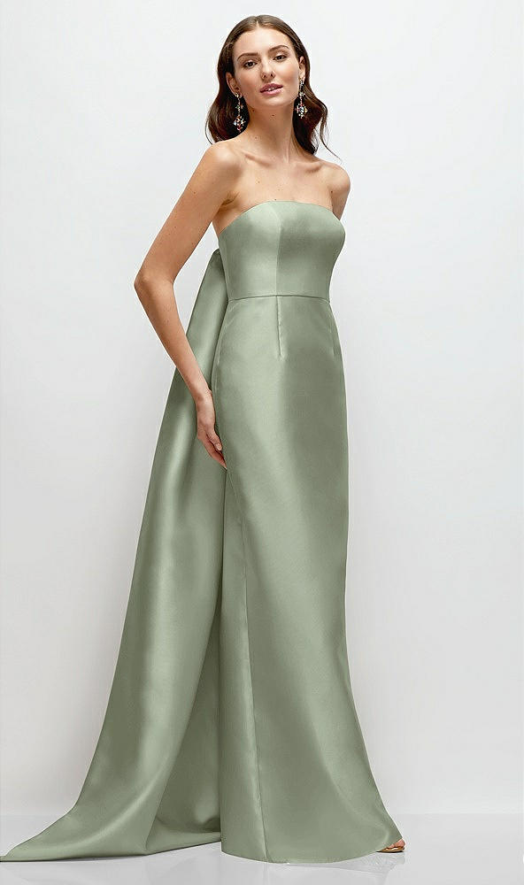 Front View - Sage Strapless Satin Column Dress with Removeable Watteau Train