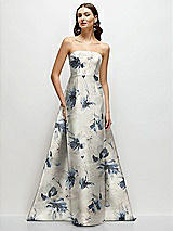 Front View Thumbnail - Inkwash Blue Floral Strapless Floral Satin Column Dress with Removeable Watteau Train