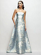 Front View Thumbnail - Porcelain Blue Seraphina Floral Strapless Floral Satin Column Dress with Removeable Watteau Train