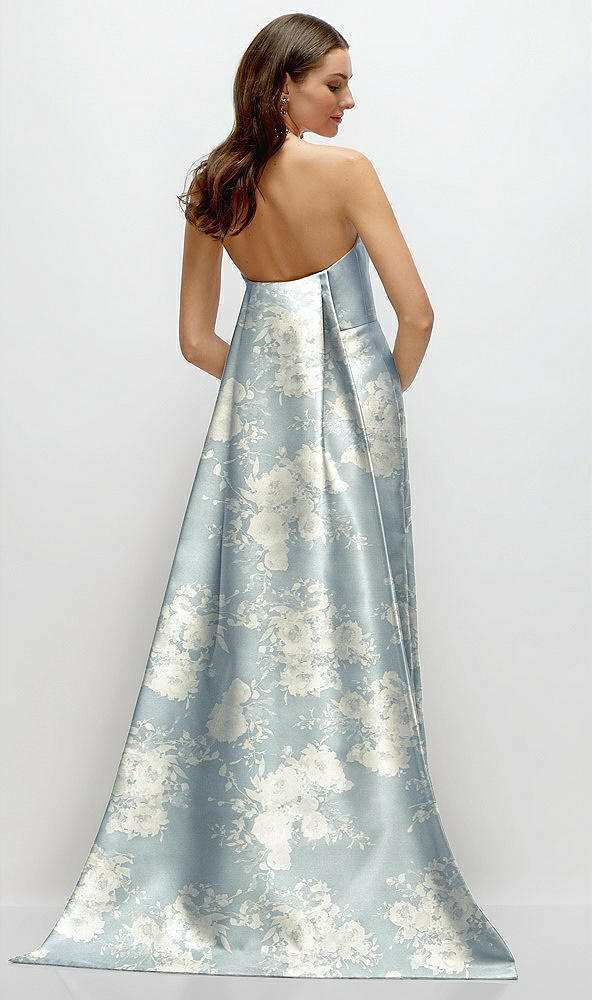Back View - Porcelain Blue Seraphina Floral Strapless Floral Satin Column Dress with Removeable Watteau Train