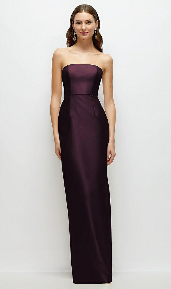 Front View - Deep Plum Strapless Satin Column Dress with Back Slit