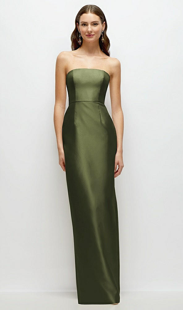 Front View - Olive Green Strapless Satin Column Dress with Back Slit