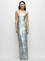 Front View Thumbnail - Porcelain Blue Seraphina Floral Strapless Floral Satin Column Dress with Back Slit