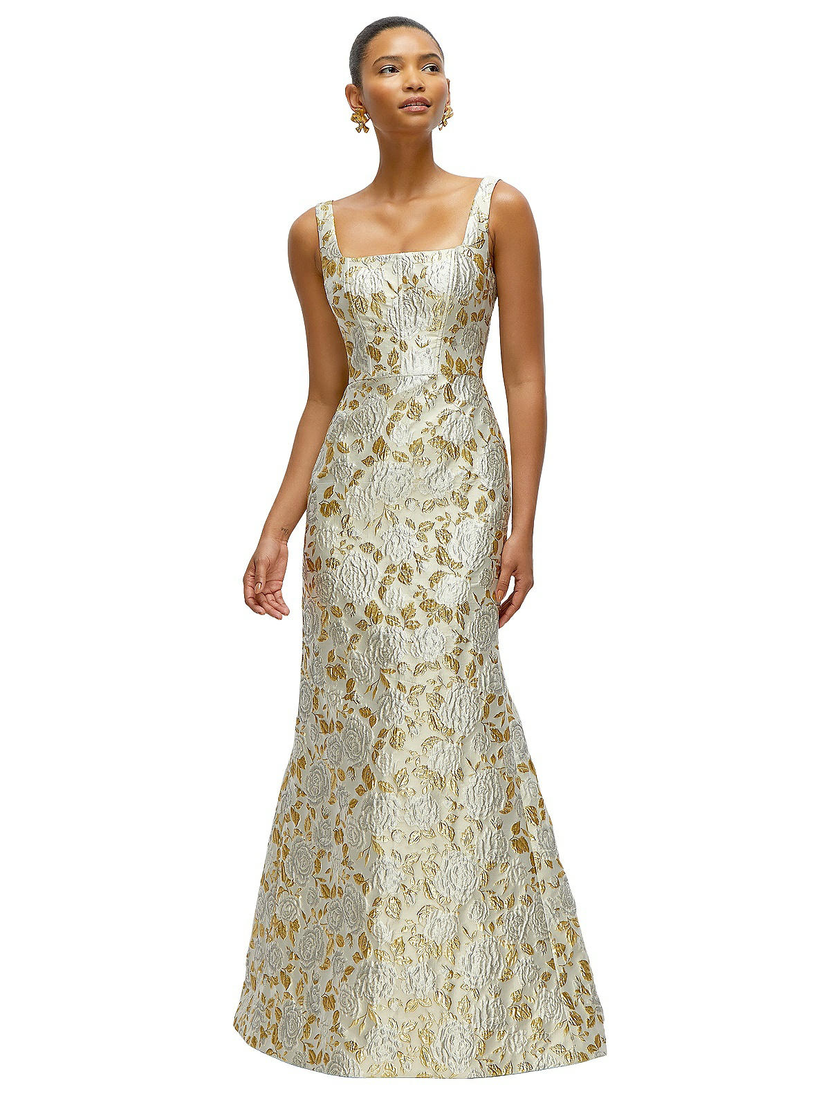 Gold Leaf Brocade Floral Square Neck Maxi Bridesmaid Dress With