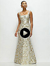 Video 1 Thumbnail - Winter Mist Gold Leaf Brocade Floral Square Neck Maxi Dress with Trumpet Skirt