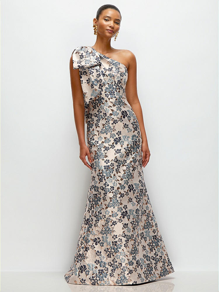 Midnight Navy Bow One-shoulder Baroque Rose Damask Maxi Bridesmaid