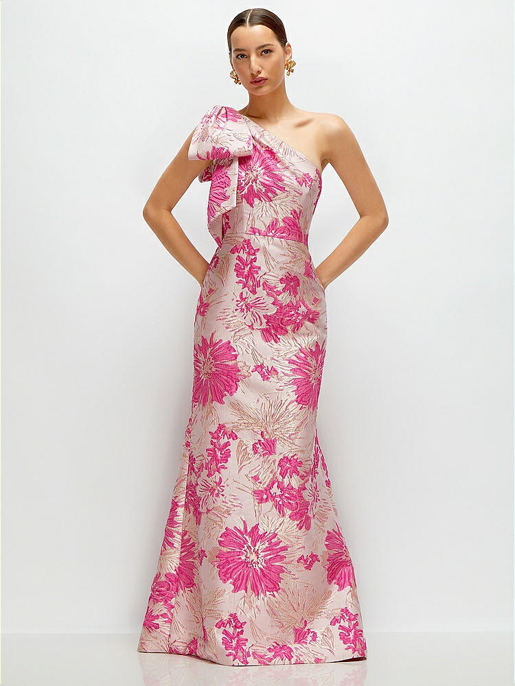Hibiscus Pink Strapless Floral Jacquard Column Bridesmaid Dress