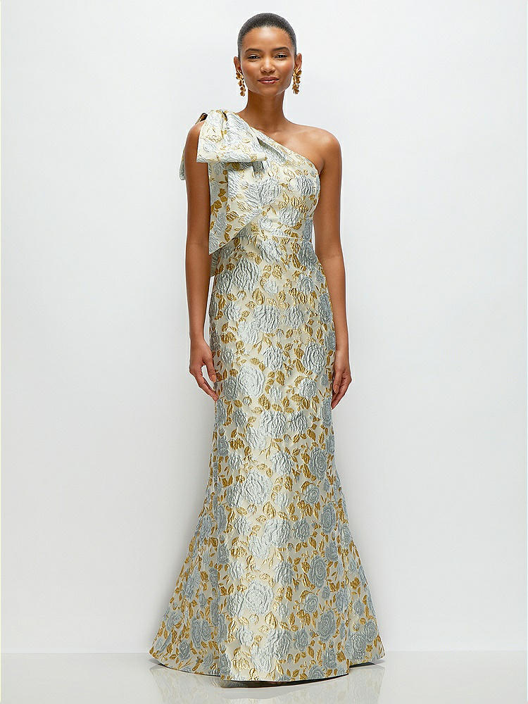 Gold Leaf Brocade Floral Square Neck Maxi Bridesmaid Dress With