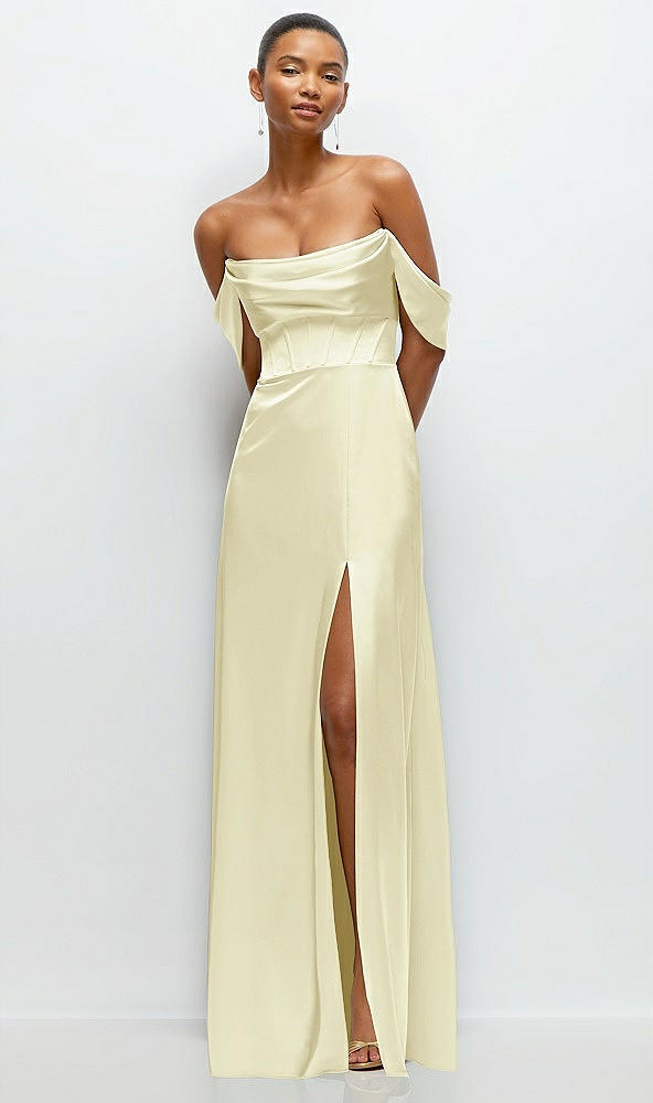 Front View - Butter Yellow A-Line Satin Maxi Dress with Convertible Off-the-Shoulder or Strapless Looks
