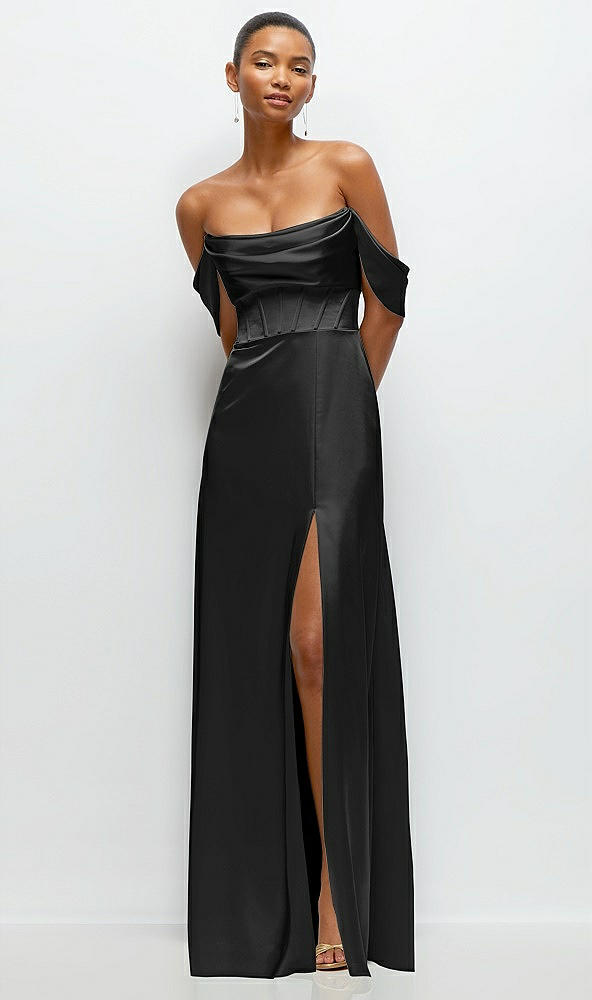Front View - Black A-Line Satin Maxi Dress with Convertible Off-the-Shoulder or Strapless Looks