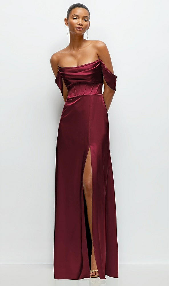 Front View - Cabernet A-Line Satin Maxi Dress with Convertible Off-the-Shoulder or Strapless Looks 