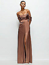 Front View Thumbnail - Cognac A-Line Satin Maxi Dress with Convertible Off-the-Shoulder or Strapless Looks 