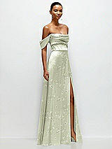 Side View Thumbnail - Vintage Primrose Celadon Floral A-Line Satin Maxi Dress with Convertible Off-the-Shoulder or Strapless Looks