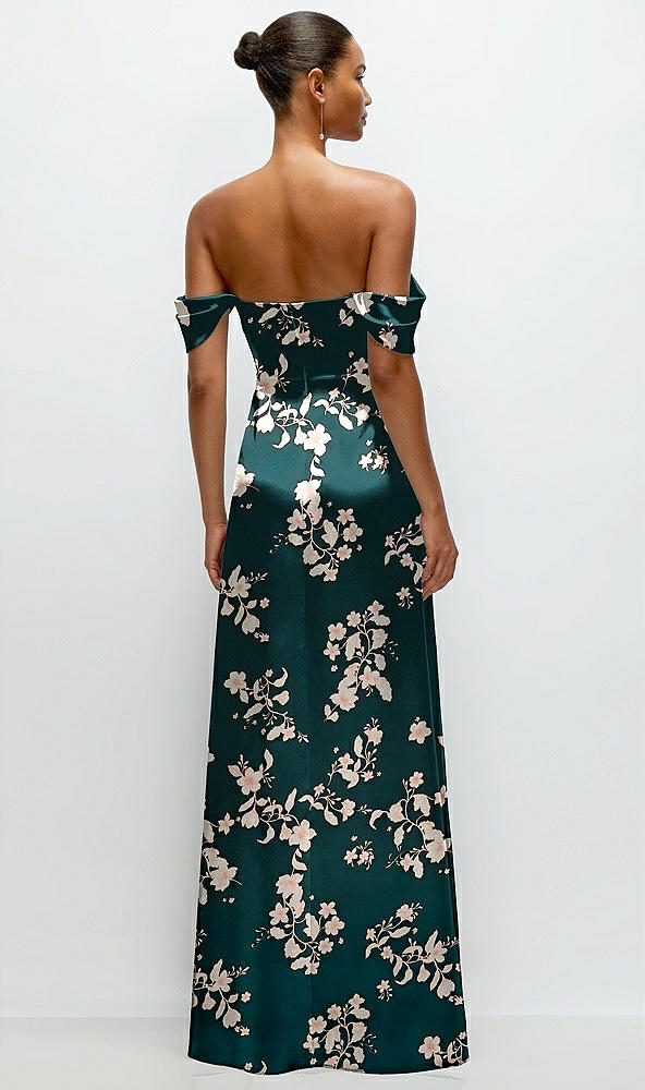 Back View - Vintage Primrose Evergreen Floral A-Line Satin Maxi Dress with Convertible Off-the-Shoulder or Strapless Looks