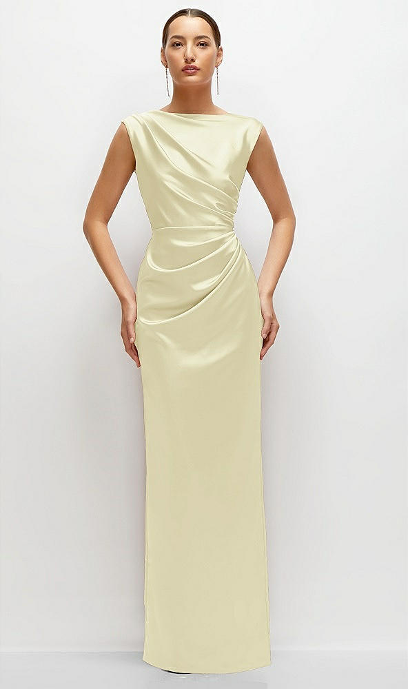 Front View - Butter Yellow High Neck Sleeveless Cap Shoulder Satin Maxi Dress