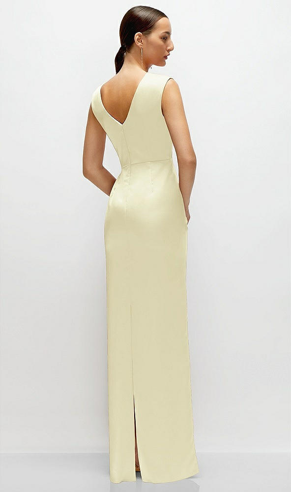 Back View - Butter Yellow High Neck Sleeveless Cap Shoulder Satin Maxi Dress