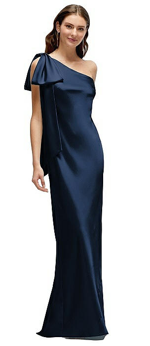 One-Shoulder Bias-Cut Satin Maxi Dress with Cascading Shoulder Bow