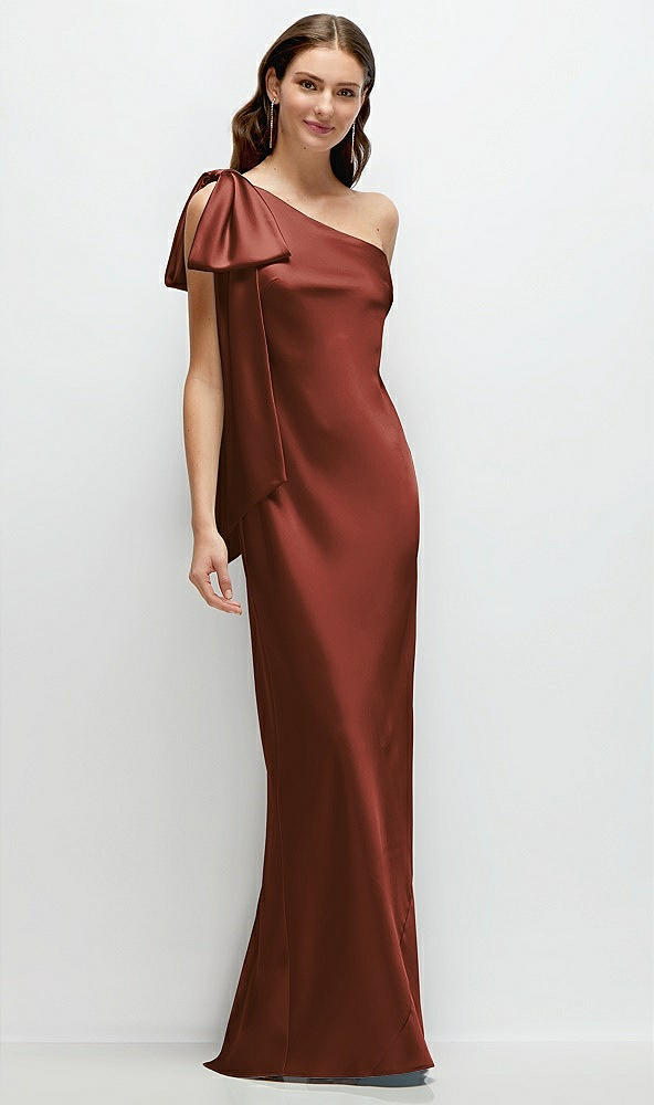 Front View - Auburn Moon One-Shoulder Bias-Cut Satin Maxi Dress with Cascading Shoulder Bow