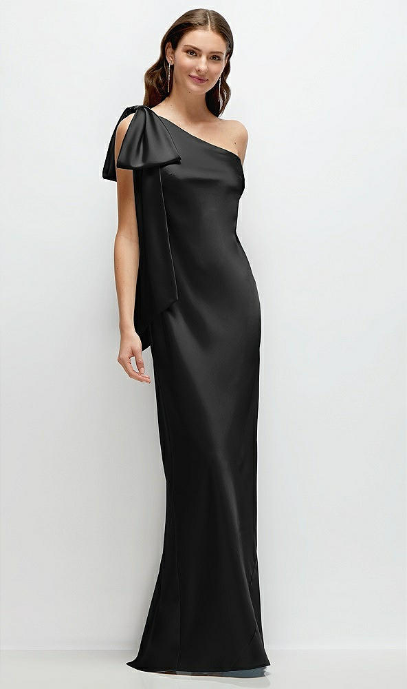 Front View - Black One-Shoulder Bias-Cut Satin Maxi Dress with Cascading Shoulder Bow