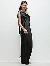 Side View Thumbnail - Black One-Shoulder Bias-Cut Satin Maxi Dress with Cascading Shoulder Bow