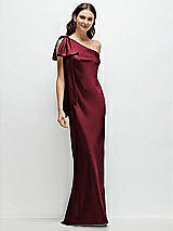 Front View Thumbnail - Cabernet One-Shoulder Bias-Cut Satin Maxi Dress with Cascading Shoulder Bow