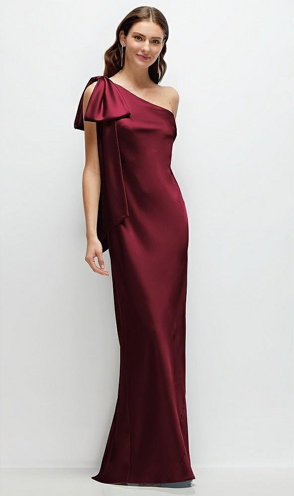 Front View - Cabernet One-Shoulder Bias-Cut Satin Maxi Dress with Cascading Shoulder Bow