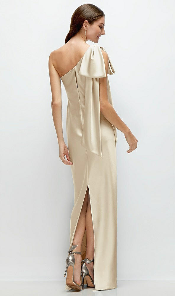 Back View - Champagne One-Shoulder Bias-Cut Satin Maxi Dress with Cascading Shoulder Bow