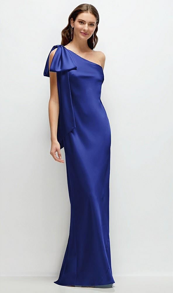 Front View - Cobalt Blue One-Shoulder Bias-Cut Satin Maxi Dress with Cascading Shoulder Bow