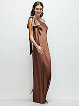 Side View Thumbnail - Cognac One-Shoulder Bias-Cut Satin Maxi Dress with Cascading Shoulder Bow