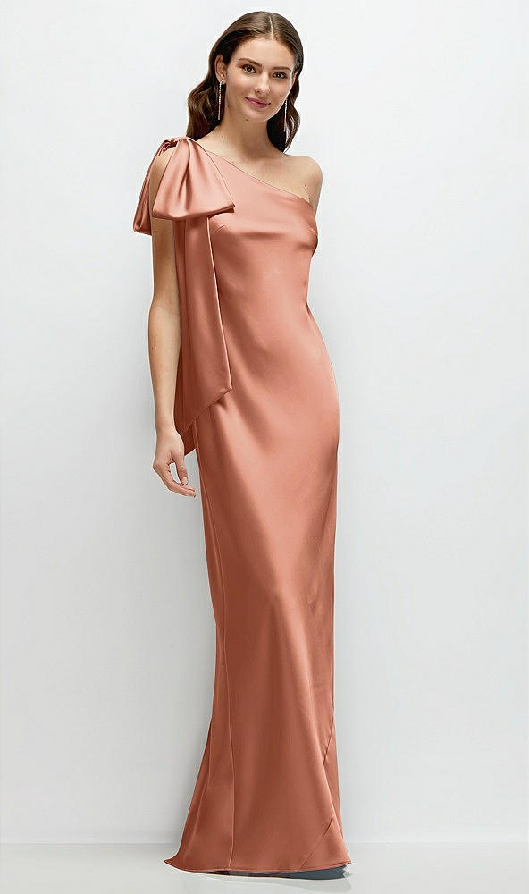 Front View - Copper Penny One-Shoulder Bias-Cut Satin Maxi Dress with Cascading Shoulder Bow