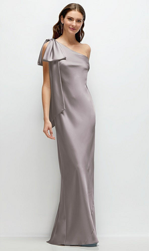 Front View - Cashmere Gray One-Shoulder Bias-Cut Satin Maxi Dress with Cascading Shoulder Bow