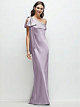 Front View Thumbnail - Lilac Haze One-Shoulder Bias-Cut Satin Maxi Dress with Cascading Shoulder Bow