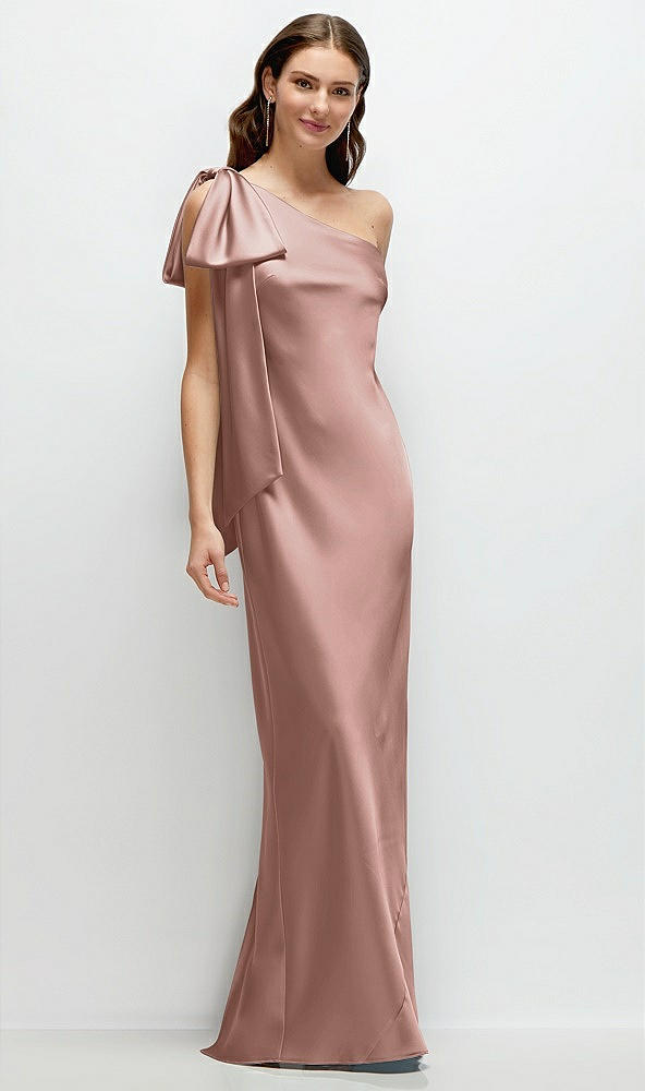 Front View - Neu Nude One-Shoulder Bias-Cut Satin Maxi Dress with Cascading Shoulder Bow