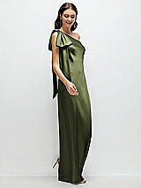 Side View Thumbnail - Olive Green One-Shoulder Bias-Cut Satin Maxi Dress with Cascading Shoulder Bow